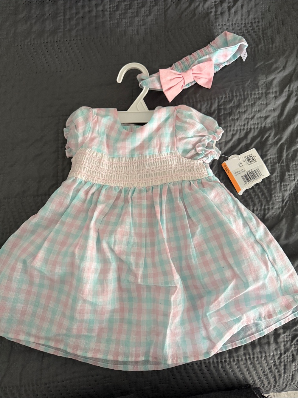 Little Me Pink & Light Blue Gingham Smocked Dress with Bow Headband
